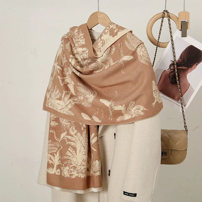 YR243  Leaf print faux cashmere scarf