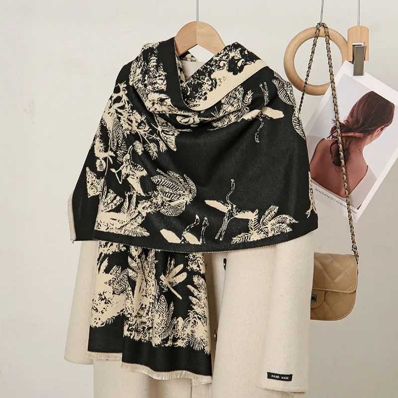 YR243  Leaf print faux cashmere scarf