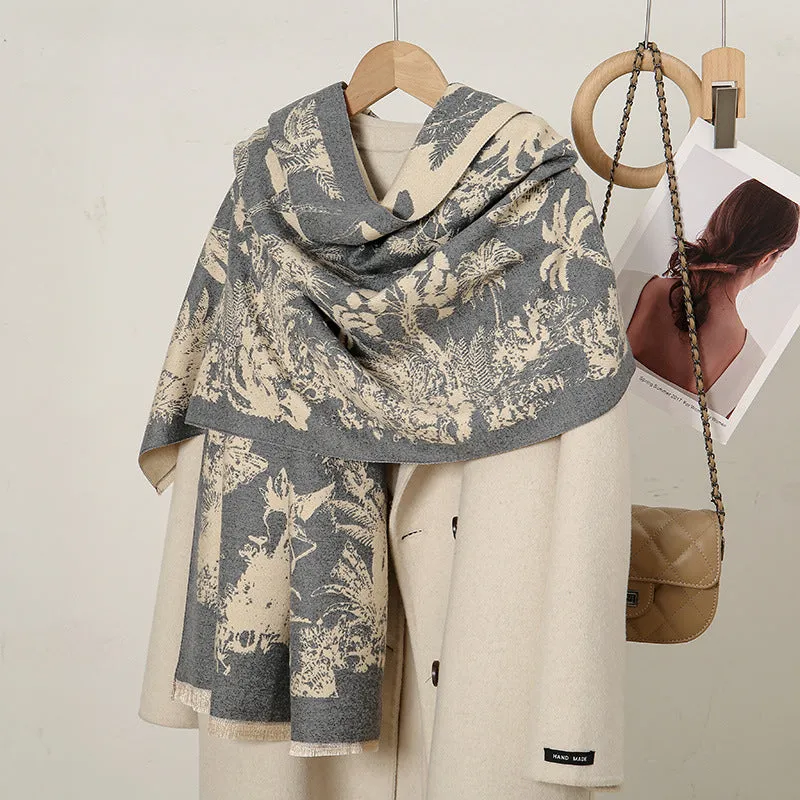 YR243  Leaf print faux cashmere scarf