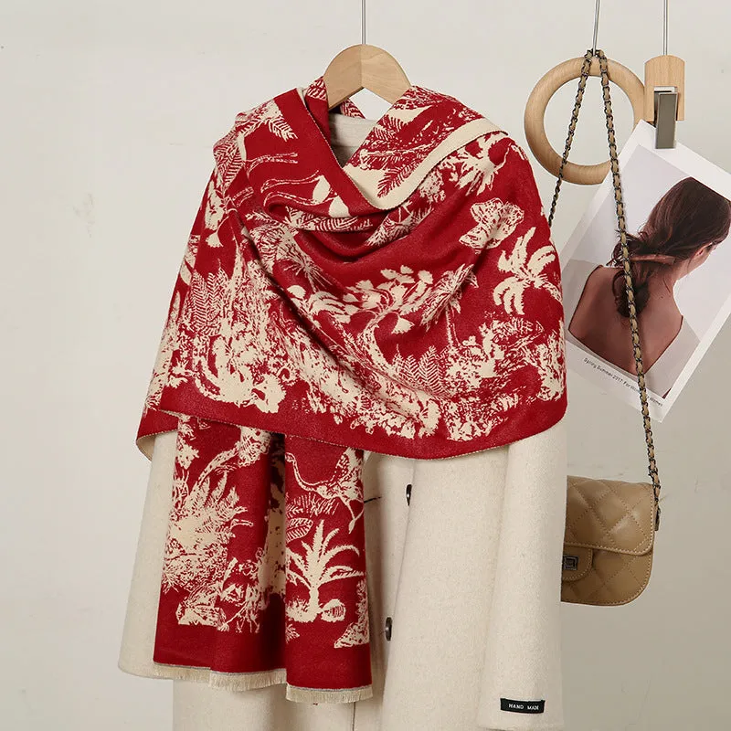 YR243  Leaf print faux cashmere scarf