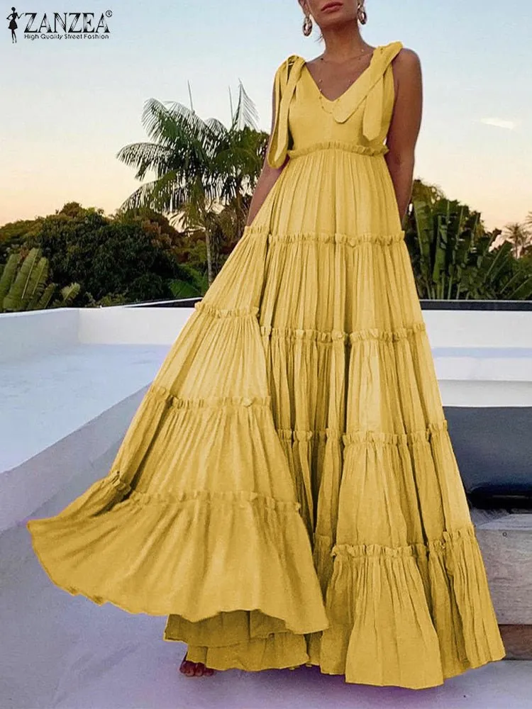 ZANZEA Sleeveless Shoulder Tie Ruffle Beach Cruise Maxi Dress