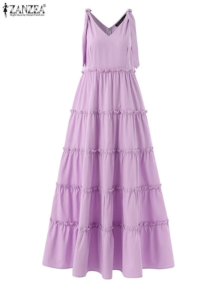 ZANZEA Sleeveless Shoulder Tie Ruffle Beach Cruise Maxi Dress