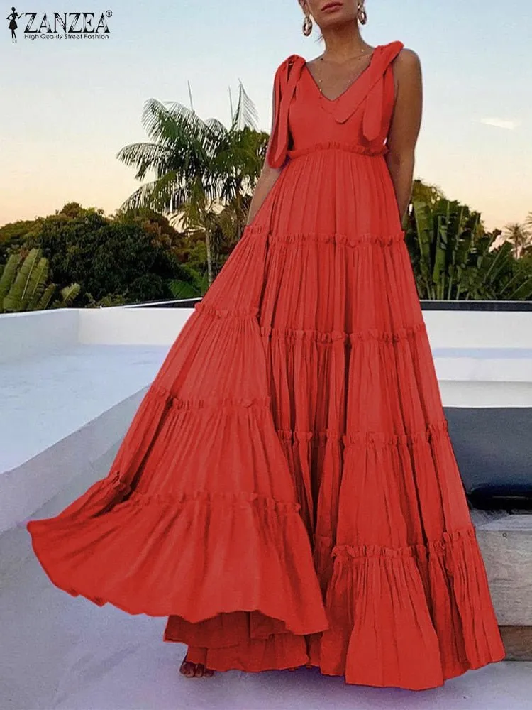 ZANZEA Sleeveless Shoulder Tie Ruffle Beach Cruise Maxi Dress