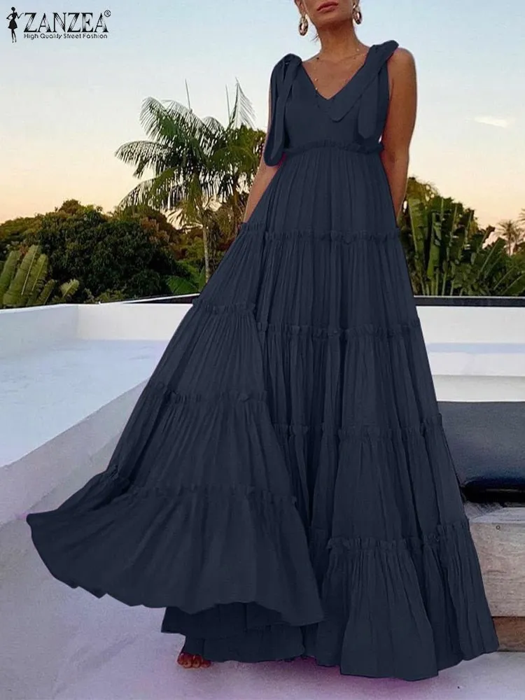 ZANZEA Sleeveless Shoulder Tie Ruffle Beach Cruise Maxi Dress