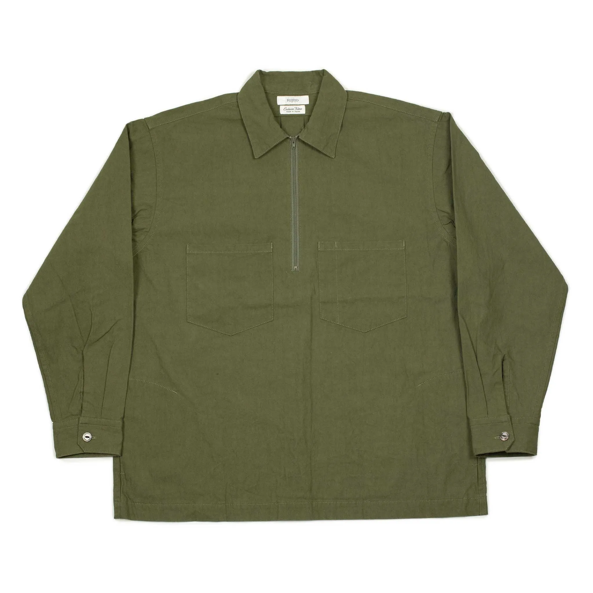 Zip popover shirt jacket in olive green exclusive slubby cotton oxford
